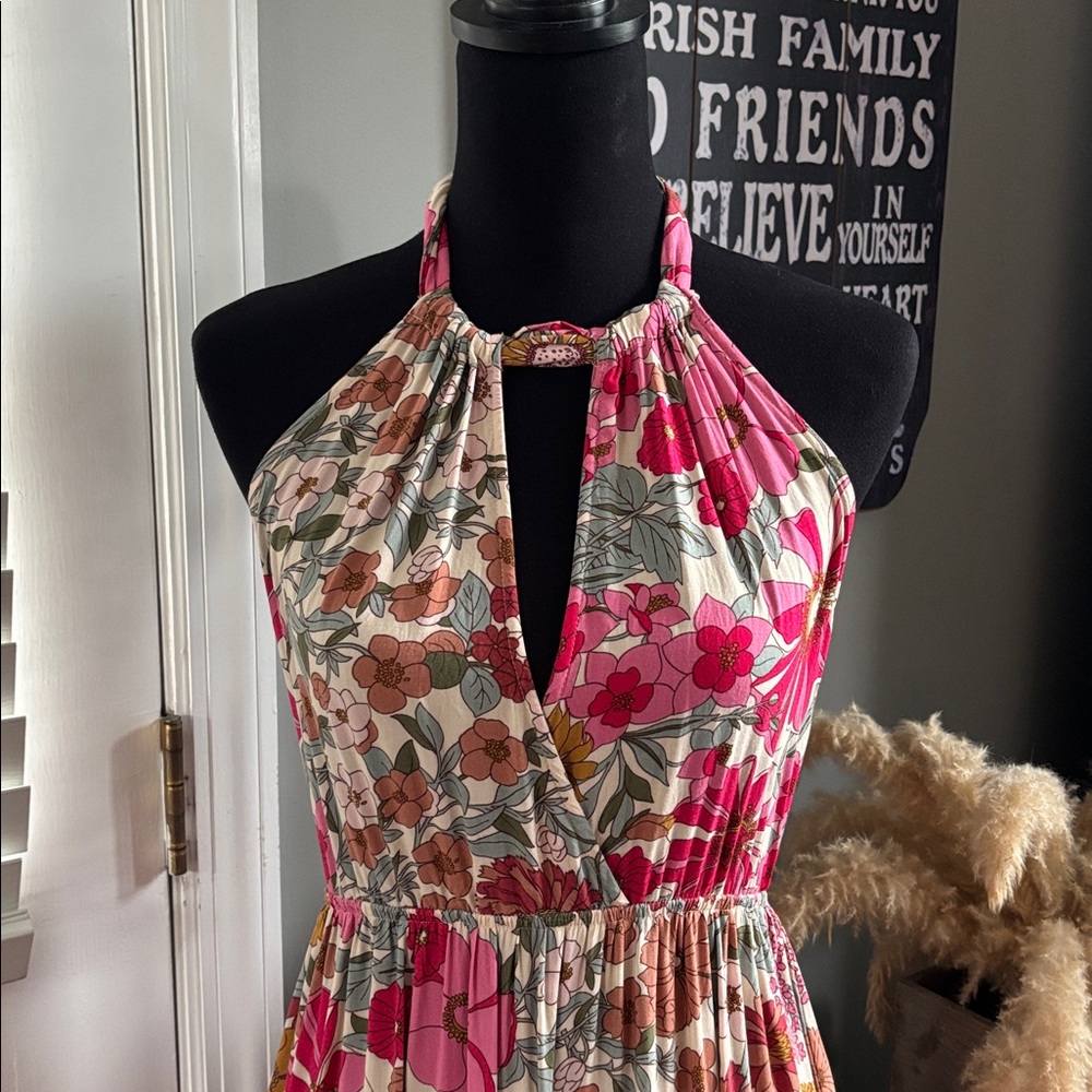 Aakaa Floral Open Back Halter Maxi Dress Pink Boho Wedding Guest Size M - Picture 5 of 12